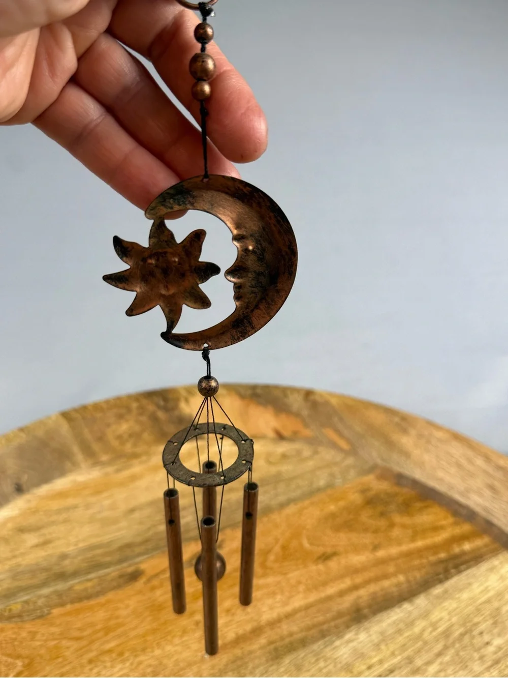 Celestial Sun Moon Mini Wind Chime Boho Copper Tone Hanging Decor